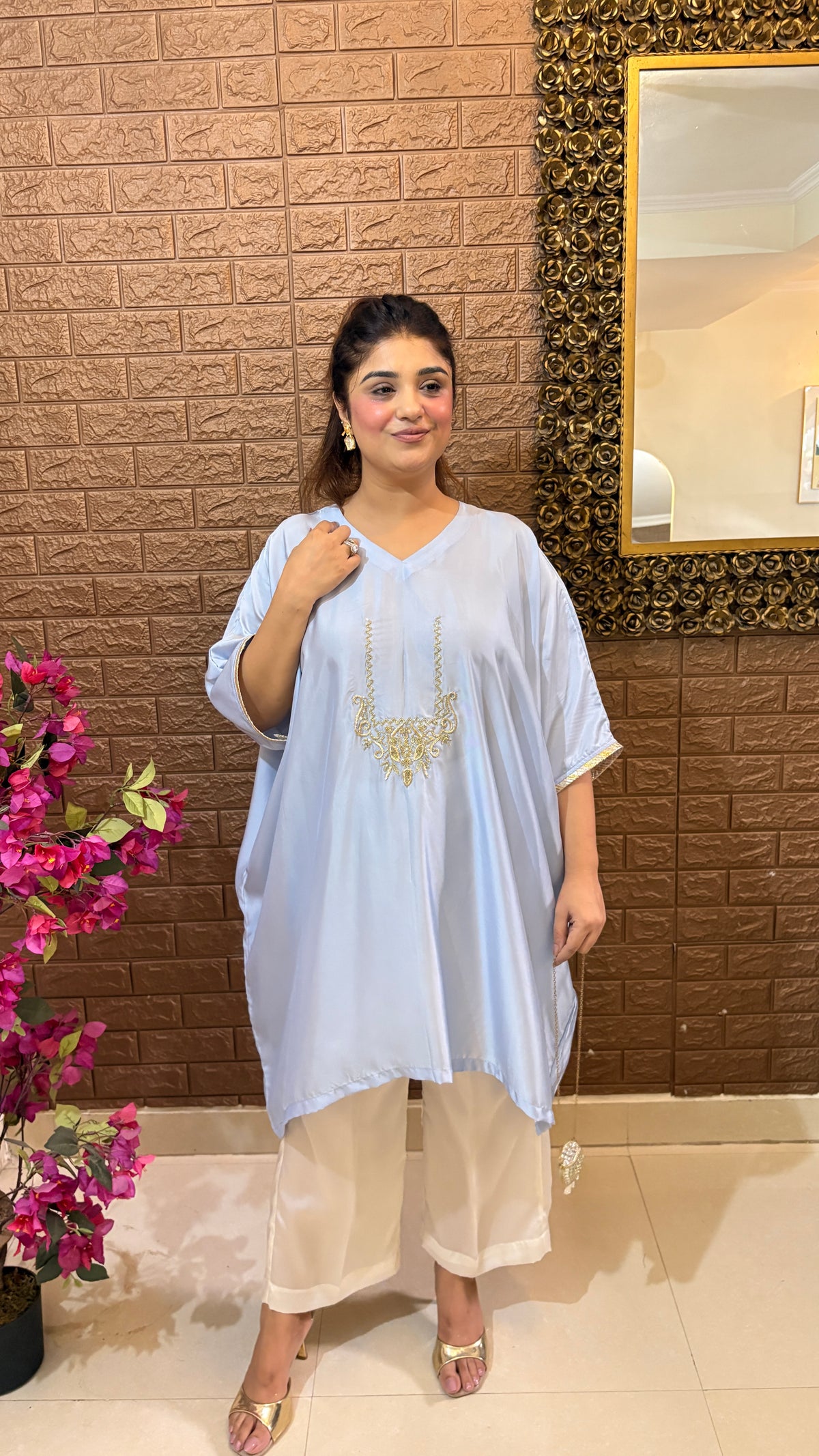 Pure crepe powder blue short kaftan kurti with pant with from handwork motif of zardozi