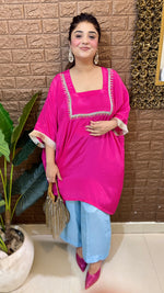 Pure crepe fushia kurti with sky blue palazzos