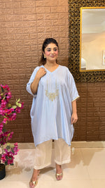 Pure crepe powder blue short kaftan kurti with pant with from handwork motif of zardozi