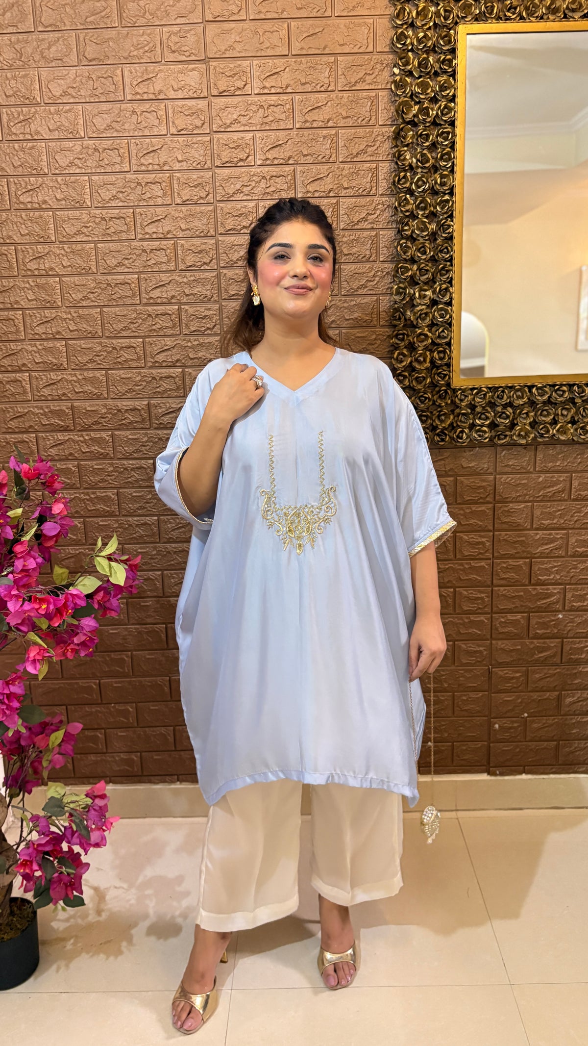 Pure crepe powder blue short kaftan kurti with pant with from handwork motif of zardozi