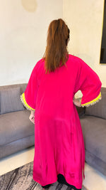 Pure crepe fushia color long kaftan style kurti with gota on the neckline nd the sleeves