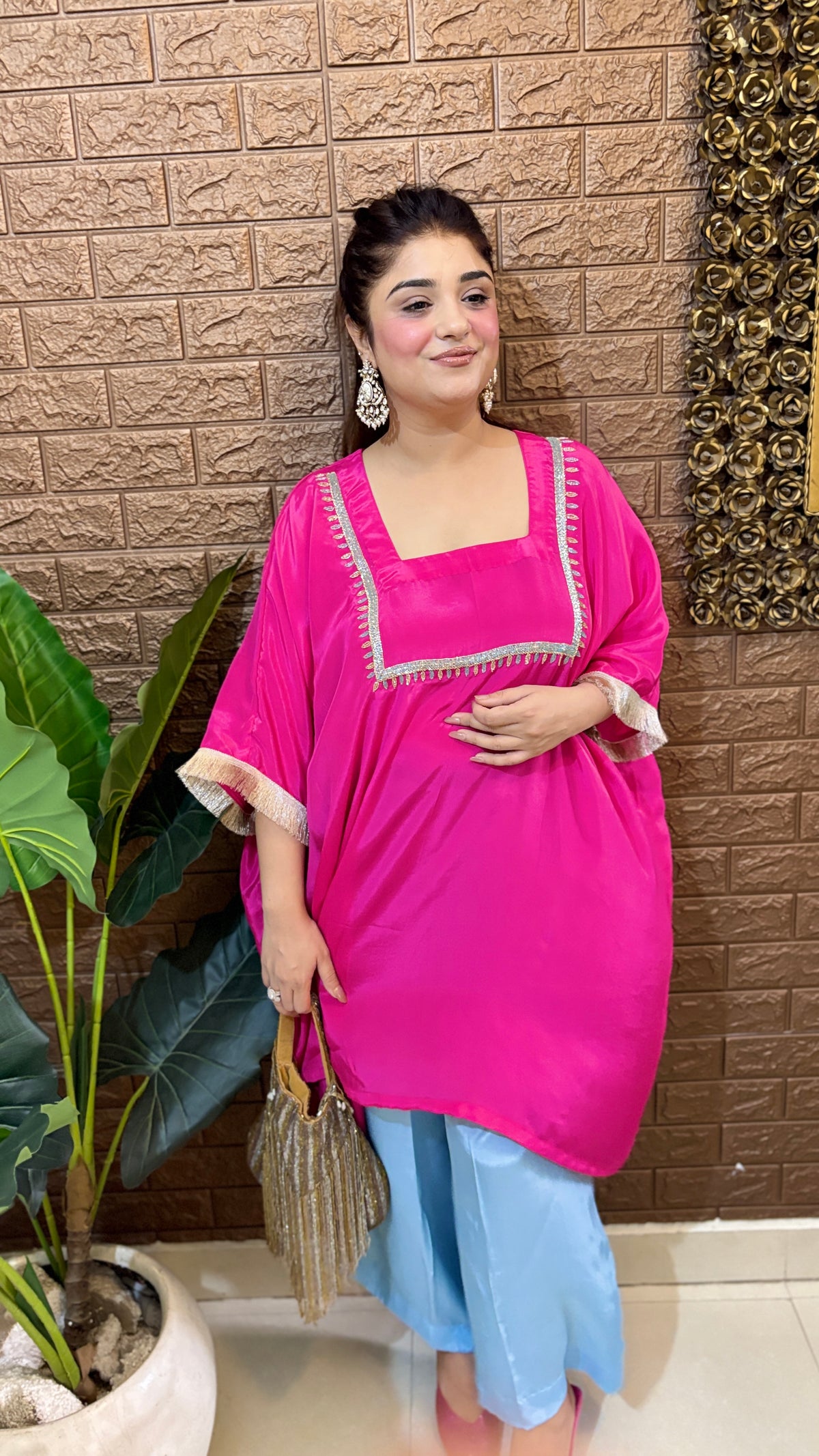 Pure crepe fushia kurti with sky blue palazzos
